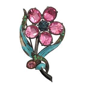 Pink Rhinestone Pot Metal Brooch Aqua Enamel Flower Pin Deco Nature Summer Spray